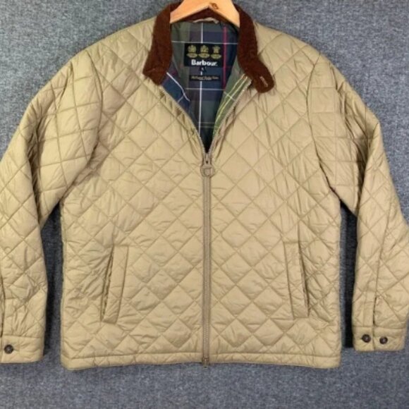 Barbour Quilted Jacket Men Extra Large Brown Corduroy Collar Biddel Puffer Plaid - Picture 1 of 11